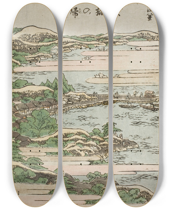 Triptych art skateboard deck of Katsushika Hokusai Returning Sails At Yabase by Katsushika Hokusai (1760-1849)