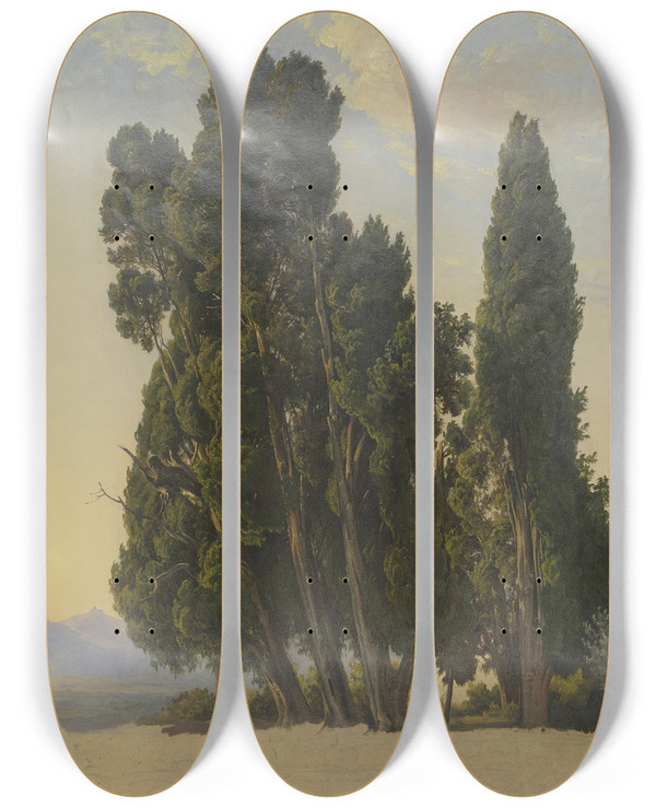 Triptych art skateboard deck of Carl Morgenstern Zypressen Im Park Der Villa Deste by Carl Morgenstern (1811-1893)