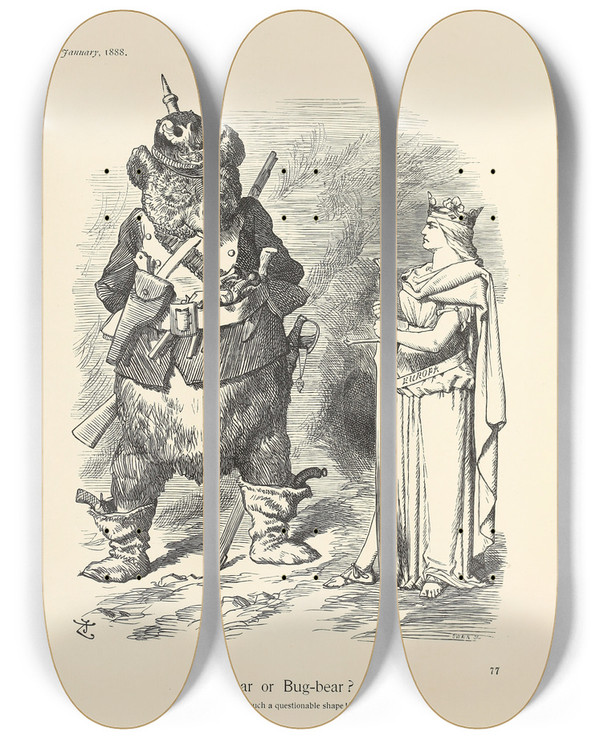 Triptych art skateboard deck of Sir John Tenniel Bear Or Bugbear by Sir John Tenniel (1820-1914)