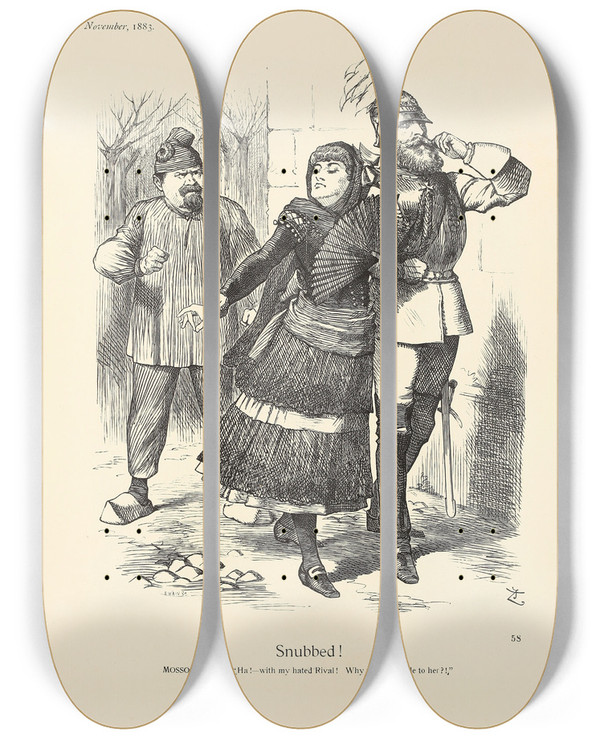 Triptych art skateboard deck of Sir John Tenniel Snubbed by Sir John Tenniel (1820-1914)