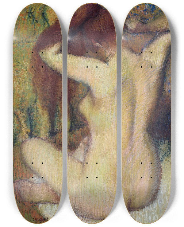 Triptych art skateboard deck of Edgar Degas Woman Combing Her Hair by Edgar Degas (1834-1917)