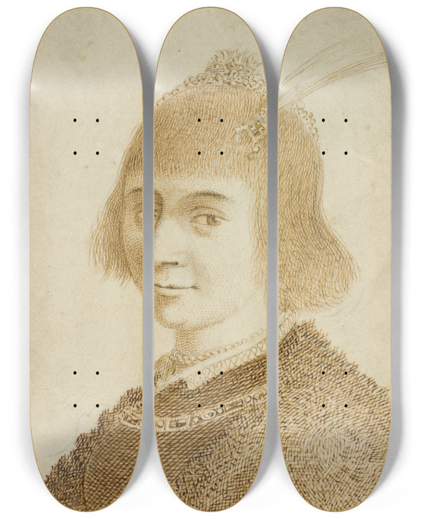 Triptych art skateboard deck of Jan Van De Velde Portrait Of A Lady by Jan van de Velde (1593-1641)