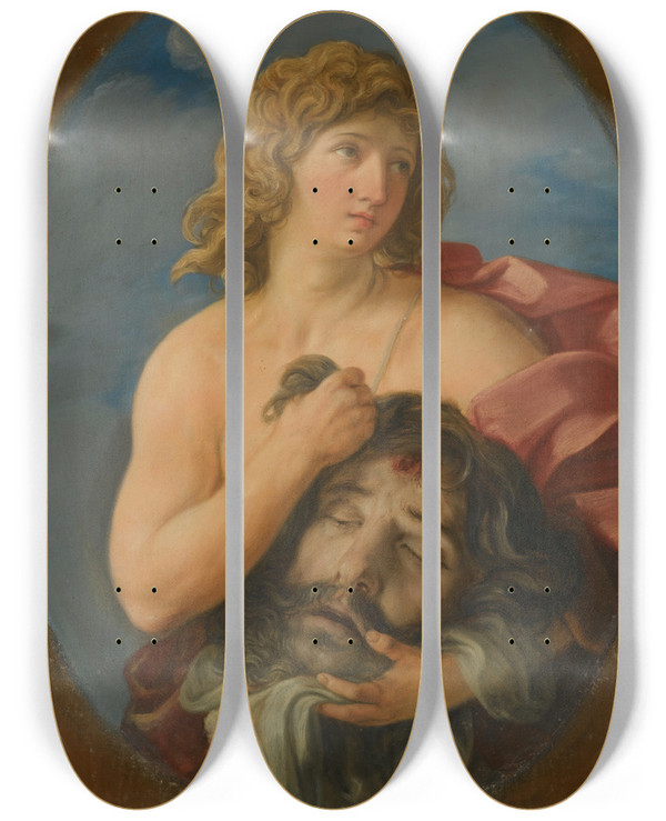 Triptych art skateboard deck of Giovanni Andrea Sirani David With The Head Of Goliath_1 by Giovanni Andrea Sirani (1610-1670)