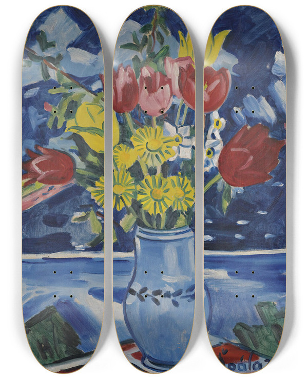 Triptych art skateboard deck of Vclav Pla Still Life Of Flowers In A Vase by Vclav pla (1885-1946)