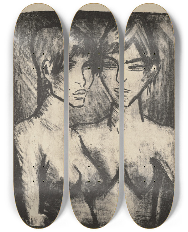 Triptych art skateboard deck of Otto Mueller Zwei Mdchen Halbakte by Otto Mueller (1874-1930)