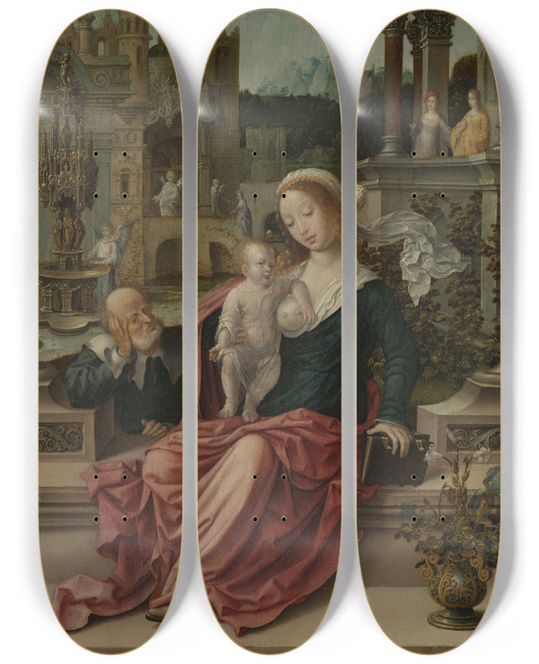 Triptych art skateboard deck of Jan Gossaert The Holy Family_2 by Jan Gossaert (1478-1532)