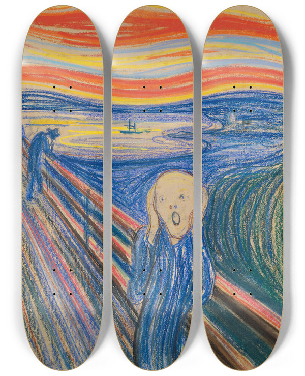 Triptych art skateboard deck of Edvard Munch The Scream_2 by Edvard Munch (1863-1944)