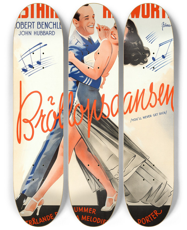 Triptych art skateboard deck of Eric Rohman Youll Never Get Rich by Eric Rohman (1891-1949)