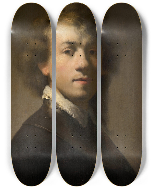 Triptych art skateboard deck of Rembrandt Van Rijn Portrait Of Rembrandt With A Gorget by Rembrandt Van Rijn (1606-1669)