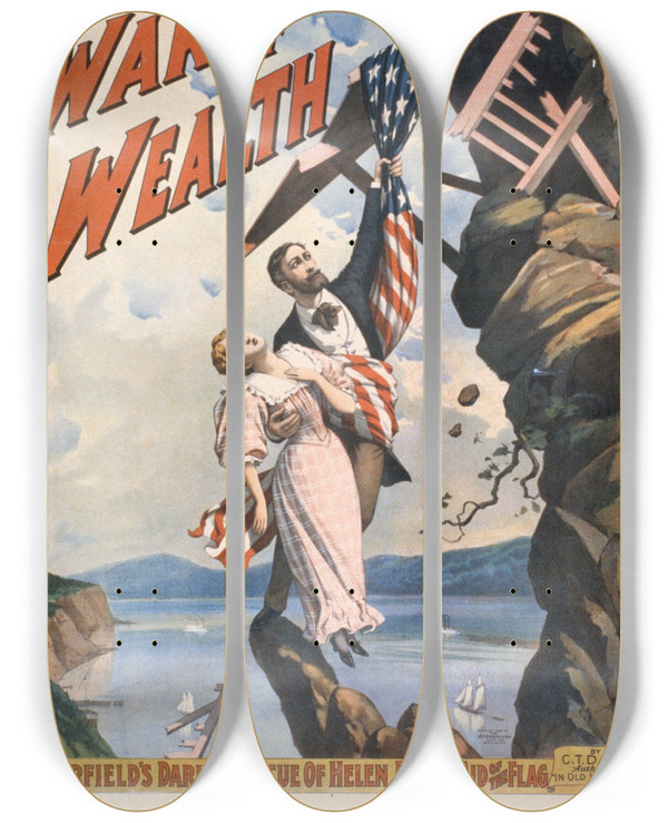 Triptych art skateboard deck of Strobridge Co Lith The War Of Wealth_2 by Strobridge Co Lith (1847)