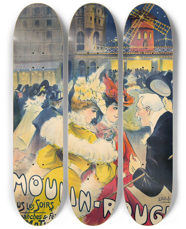 Triptych art skateboard deck of E Villefroy Moulin Rouge_1 by E Villefroy (19-)