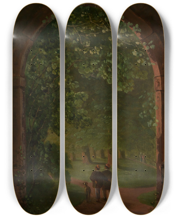 Triptych art skateboard deck of Daniel Fohr Elisabethenpforte Im Schlossgarten by Daniel Fohr (1801-1862)
