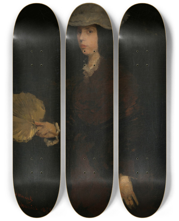 Triptych art skateboard deck of Frank Duveneck Lady With Fan by Frank Duveneck (1848-1919)