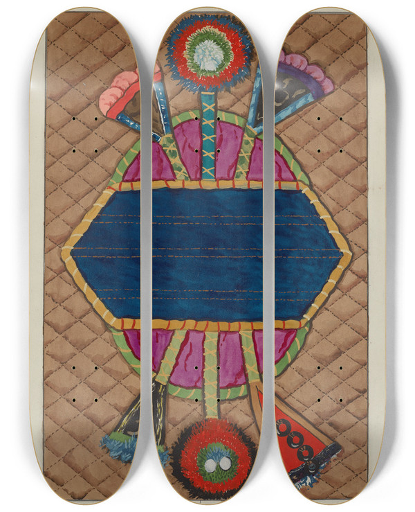 Triptych art skateboard deck of Ruth M Barnes Coverlet Applique Quilt_1 by Ruth M Barnes