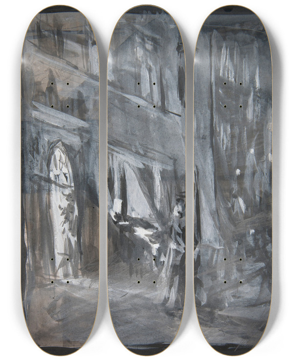 Triptych art skateboard deck of Jzef Pankiewicz Old Town In Warsaw At Night by Jozef Pankiewicz (1866-1940)