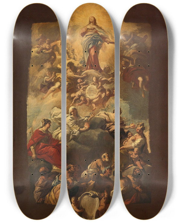 Triptych art skateboard deck of Luca Giordano The Assumption Of The Virgin by Luca Giordano (1634-1705)