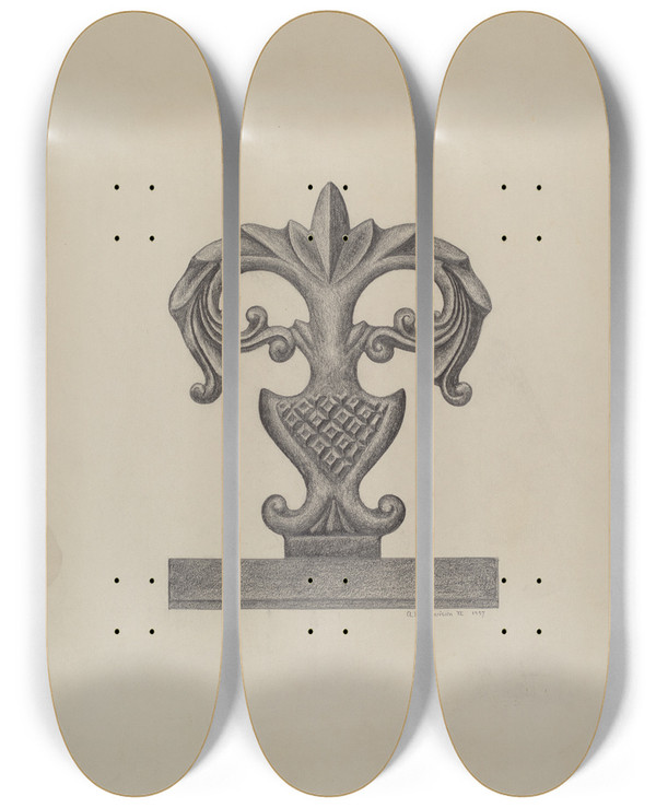 Triptych art skateboard deck of Austin L Davison Cast Iron Fence Finial by Austin L Davison