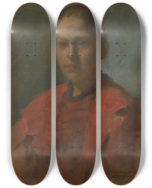 Triptych art skateboard deck of Elemr Halszhradil Girl In A Red Dress_2 by Elemir Halasz Hradil (1873-1948)