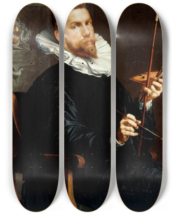 Triptych art skateboard deck of Joachim Wtewael Selfportrait by Joachim Wtewael (1566-1638)
