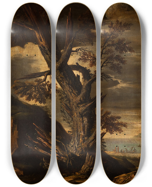 Triptych art skateboard deck of Pietro Montanini A Tree Struck By Lightning by Pietro Montanini (1619-1689)