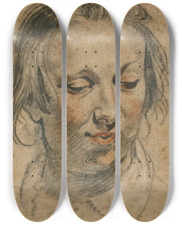 Triptych art skateboard deck of Jacob Jordaens Head Of A Woman by Jacob Jordaens (1593-1678)