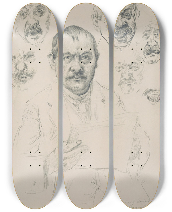 Triptych art skateboard deck of Lovis Corinth Studien Zu Einem Selbstbildnis by Lovis Corinth (1858-1925)