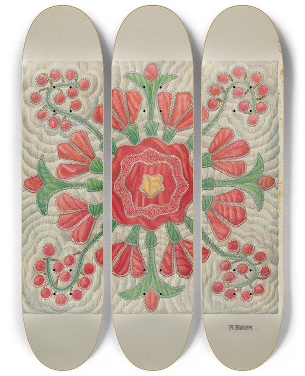 Triptych art skateboard deck of Ruth Buker Applique Quilt_1 by Ruth Buker