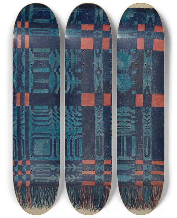 Triptych art skateboard deck of Eva Wilson Coverlet Pine Tree Border by Eva Wilson