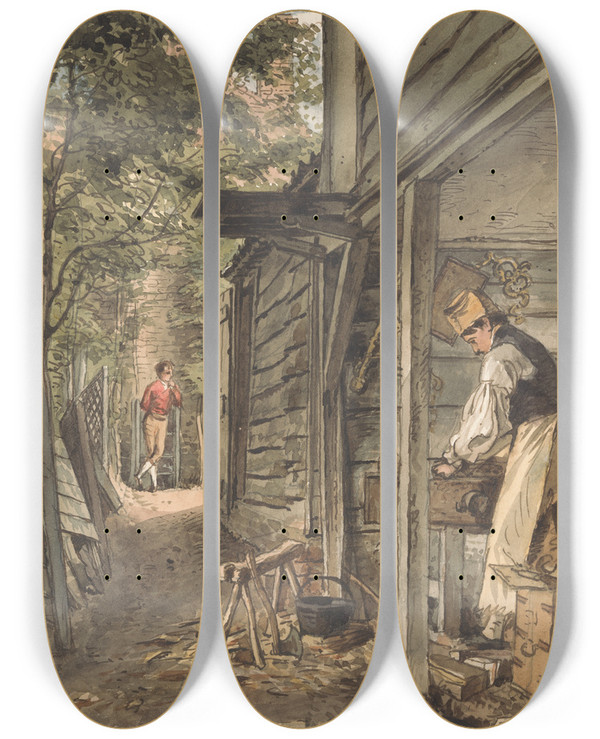 Triptych art skateboard deck of William Henry Hunt Dr Munros Carpenter At Work by William Henry Hunt (1790-1864)
