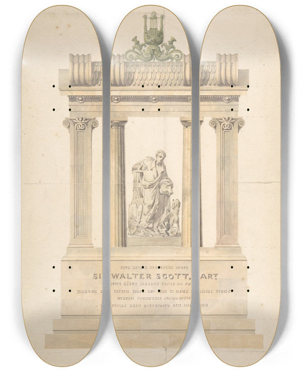 Triptych art skateboard deck of Charles Harriott Smith Monument To Sir Walter Scott Bart by Charles Harriott Smith (1792-1864)