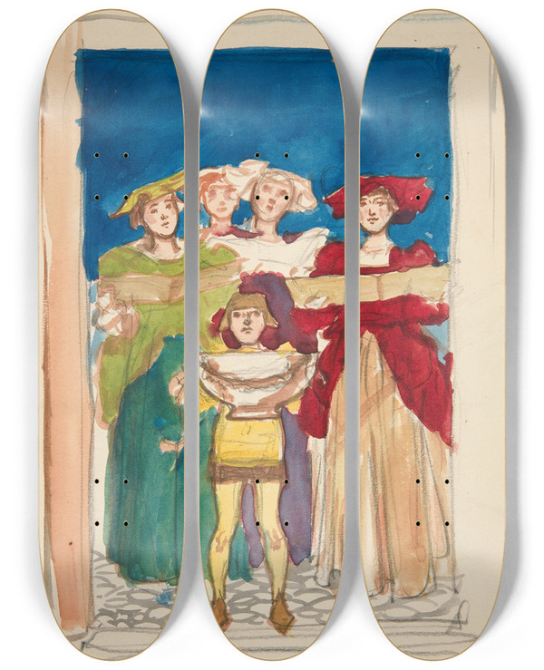 Triptych art skateboard deck of Edwin Austin Abbey Sketch For Christmascard by Edwin Austin Abbey (1852-1911)
