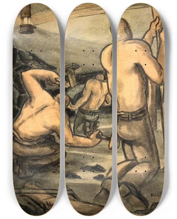 Triptych art skateboard deck of George Bissill Coal Miners At Work Cutting Coal And Propping_3 by George Bissill (1896-1973)