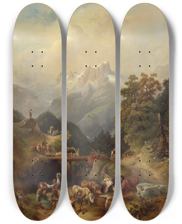 Triptych art skateboard deck of Rudolf Swoboda Almabtrieb Im Hochgebirge by Rudolf Swoboda (1859-1914)