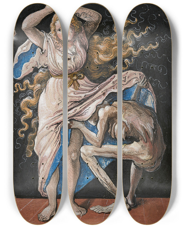 Triptych art skateboard deck of Niklaus Manuel Death And The Maiden by Niklaus Manuel (1484-1530)