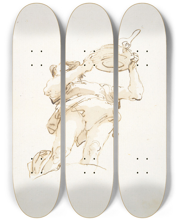 Triptych art skateboard deck of Giovanni Battista Tiepolo Male Figure Carrying A Tray With Fowl Seen Frombelow by Giovanni Battista Tiepolo (1696-1770)