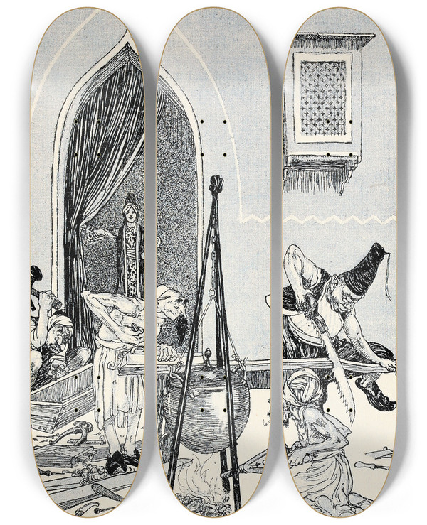 Triptych art skateboard deck of Willy Pogany Fortyfour Turkish Fairy Tales Pl 04 by Willy Pogany (1882-1955)