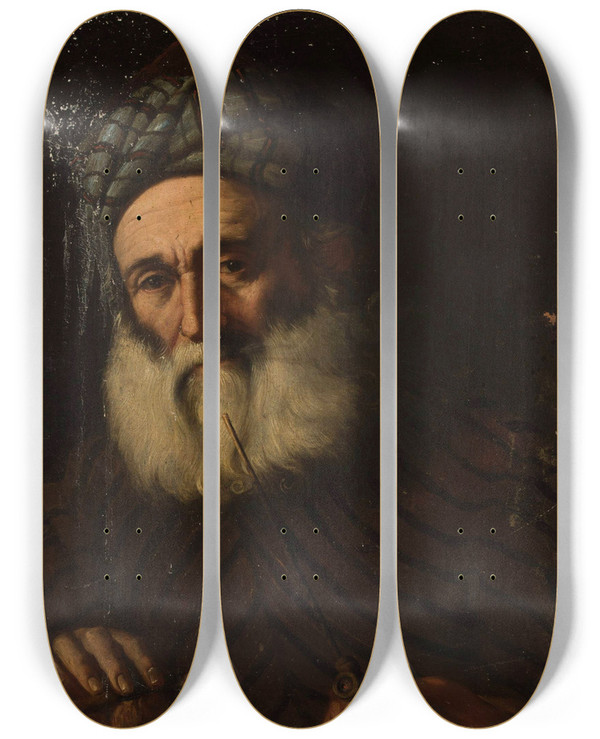 Triptych art skateboard deck of Feliks Pczarski Study Of A Man Smoking A Pipe by Feliks Peczarski (1804-1862)