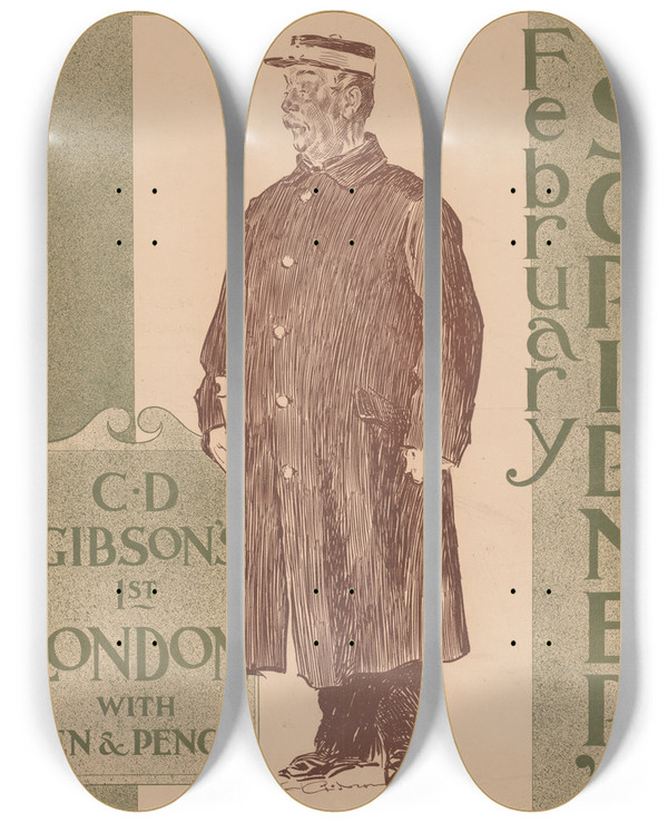 Triptych art skateboard deck of Charles Dana Gibson February Scribners by Charles Dana Gibson (1867-1944)