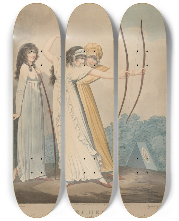 Triptych art skateboard deck of Adam Buck Archers by Adam Buck (1759-1833)