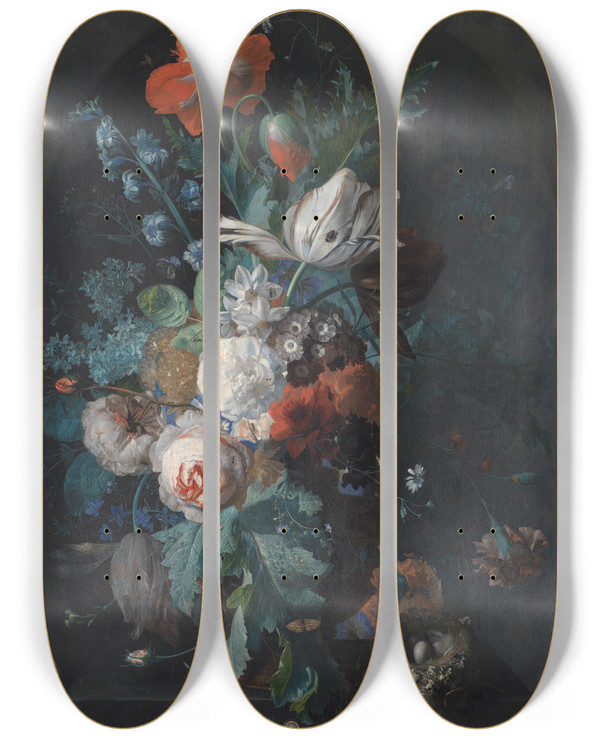 Triptych art skateboard deck of Jan Van Huysum A Vase With Flowers by Jan Van Huysum (1682-1749)