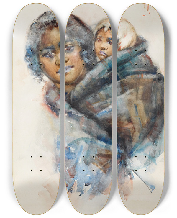 Triptych art skateboard deck of Frances Hodgkins Maori Woman And Child by Frances Hodgkins (1869-1947)