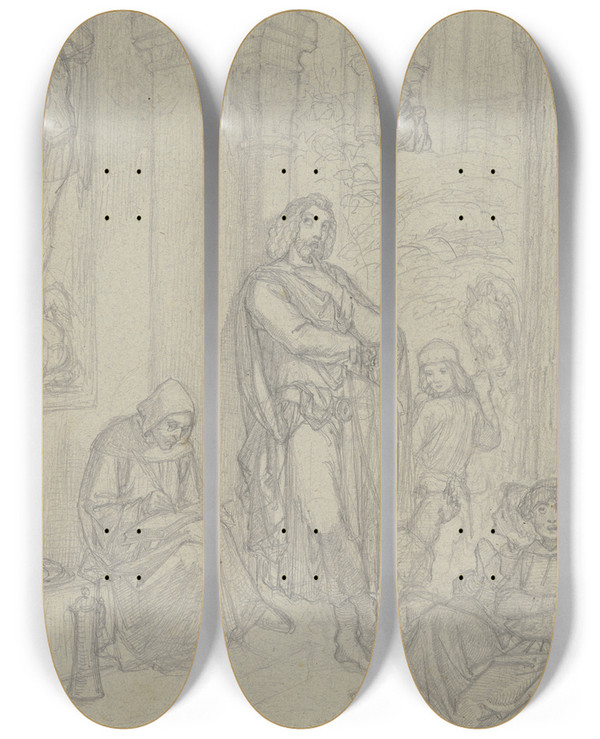 Triptych art skateboard deck of Ferdinand Fellner Ungedeutete Szene Sinnender Ritter In Einem Kloster Bei Einem Schreibendem Mnch by Ferdinand Fellner (1799-1859)