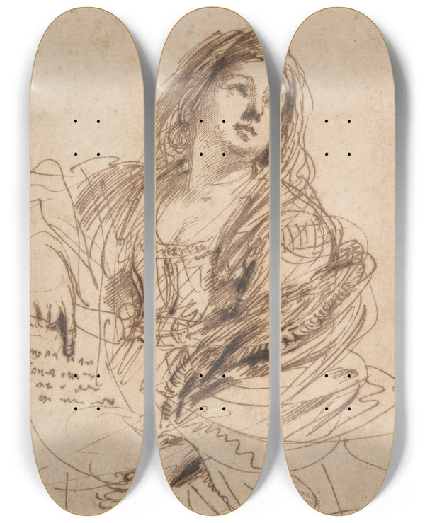 Triptych art skateboard deck of Guercino A Sibyl Holding A Scroll Study For The Cimmerian Sibyl by Guercino (1591-1666)