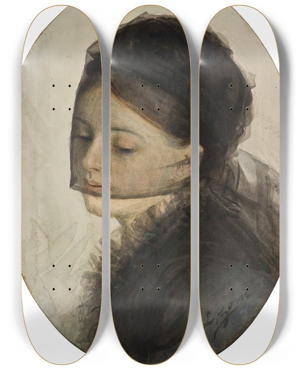 Triptych art skateboard deck of Anders Zorn In Mourning by Anders Zorn (1860-1920)