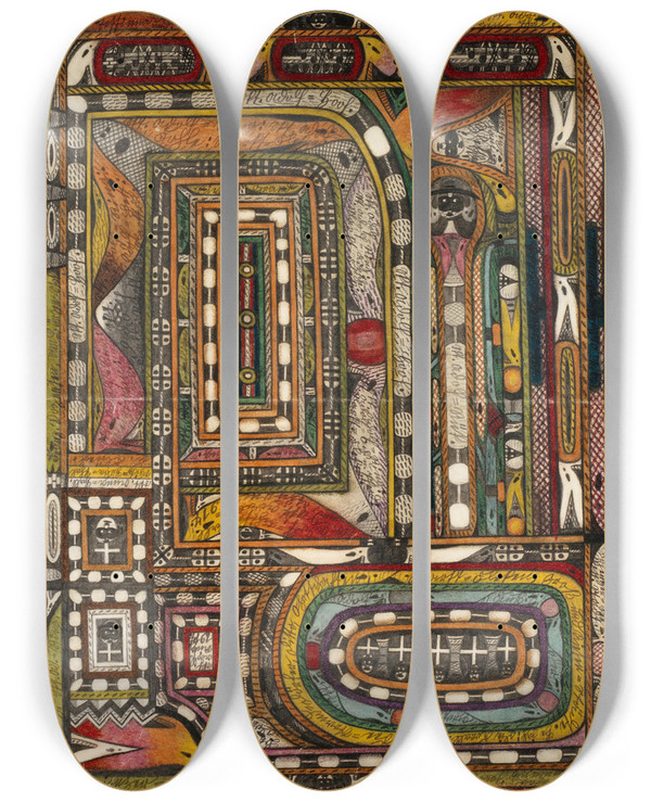 Triptych art skateboard deck of Adolf Wlfli Haslithal Im Berneroberland by Adolf Wolfli (1864-1930)