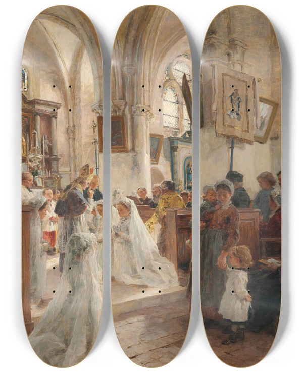 Triptych art skateboard deck of Lon Augustin Lhermitte La Confirmation by Lon Augustin Lhermitte (1844-1925)