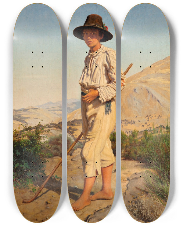 Triptych art skateboard deck of Frederik Vermehren An Italian Shepherd Boy by Frederik Vermehren (1823-1910)