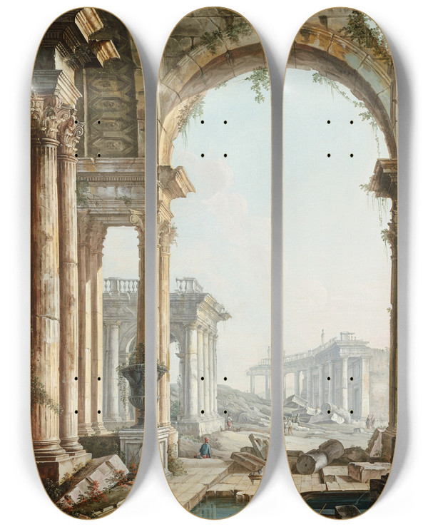 Triptych art skateboard deck of Pietro Bellotti Capriccio With Ruins_2 by Pietro Bellotti (1623-1700)