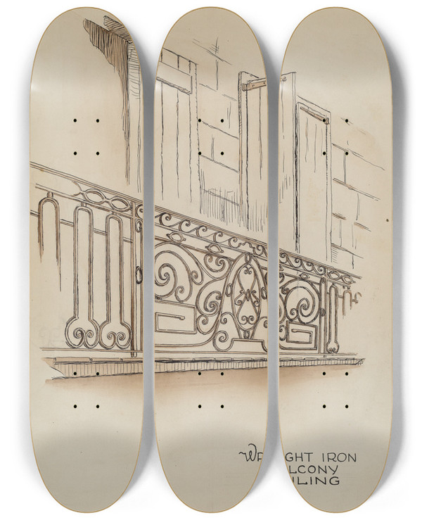 Triptych art skateboard deck of Al Curry Wrought Iron Balcony Rail_1 by Al Curry (20-)