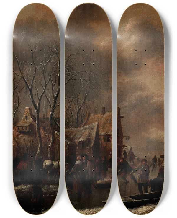 Triptych art skateboard deck of Nicolaes Molenaer A Winter Landscape With Figures On The Ice by Nicolaes Molenaer (1626-1676)